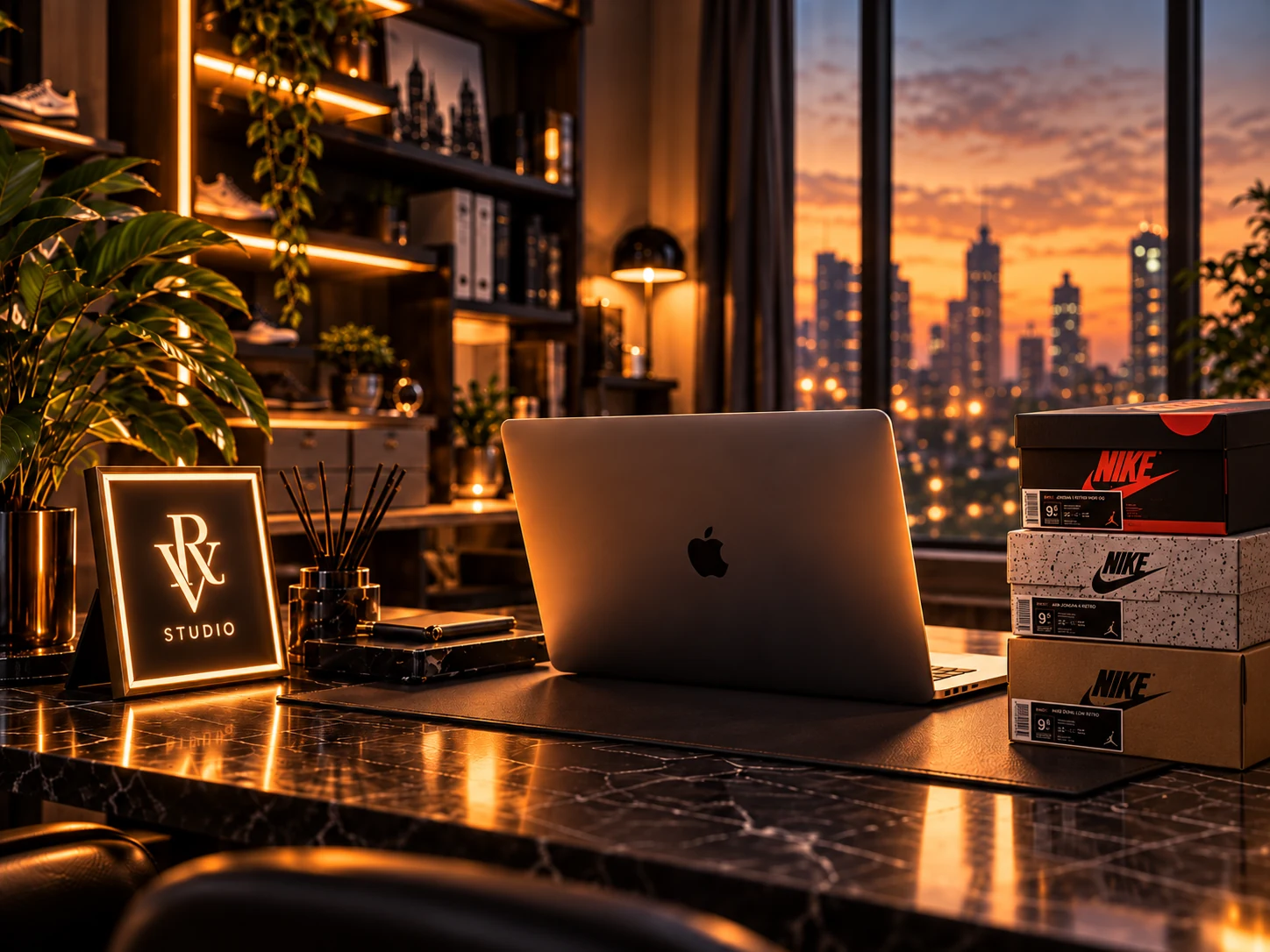 RV-Studio-Arbeitsplatz mit beleuchtetem RV-Logo, MacBook, sorgfältig sortiertem Sneaker-Regal und Nike-Schuhkartons