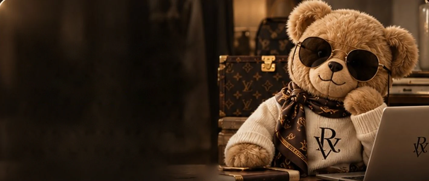 Dein RV-Studio-Bär mit Sonnenbrille, Schal und RV-Pullover am Laptop, dahinter Koffer und Taschen